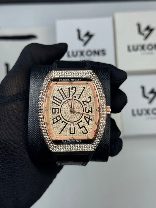Frank Muller Rose Gold Diamond With Black Strap