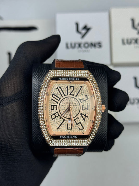 Frank Muller Rose Gold Diamond With Brown Strap