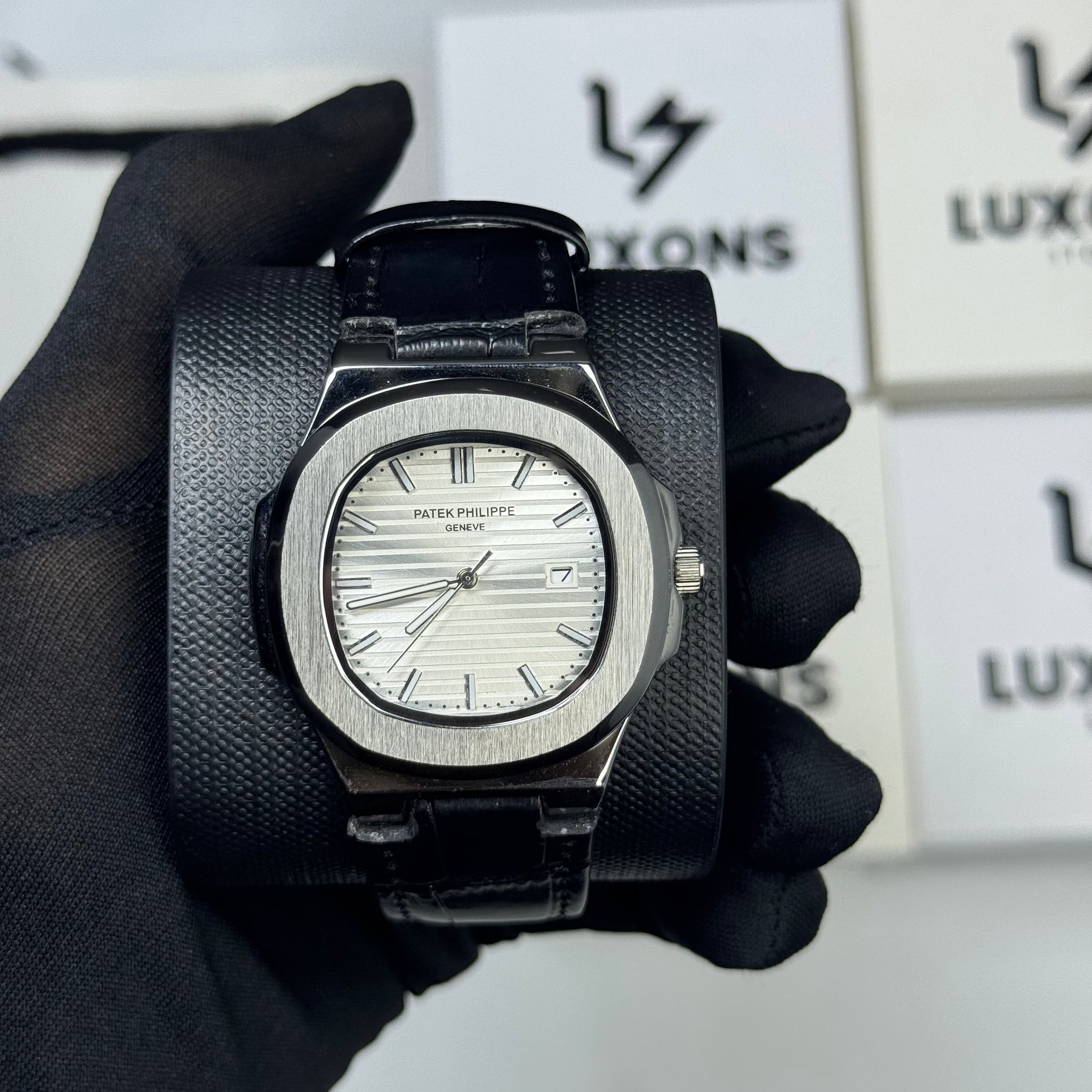 Patek Philippe White Dail Black Leather Strap