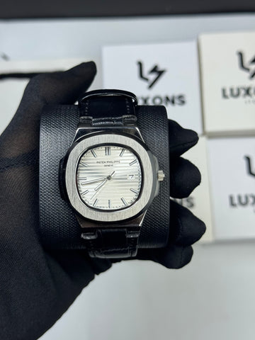 Patek Philippe White Dail Black Leather Strap