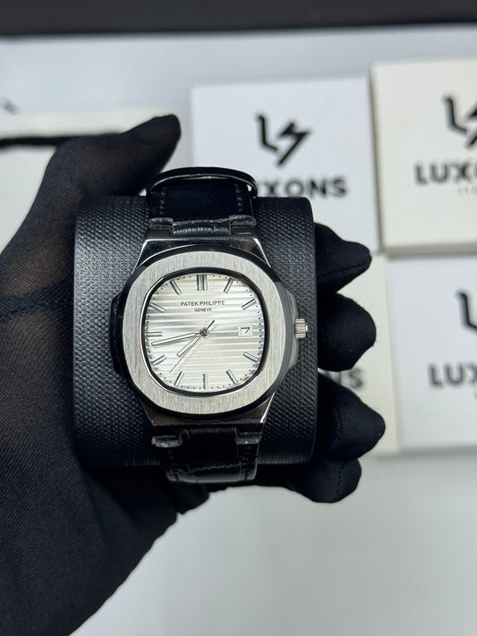 Patek Philippe White Dail Black Leather Strap