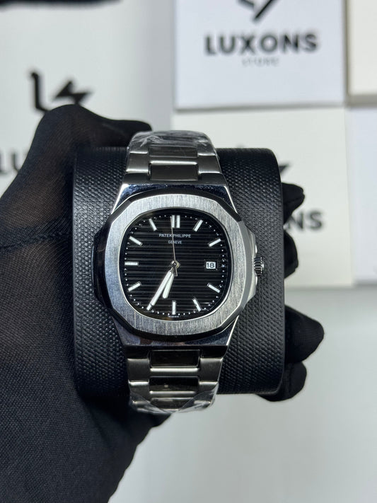 Patek Philippe Black Dail Silver Chain Stainless Steel