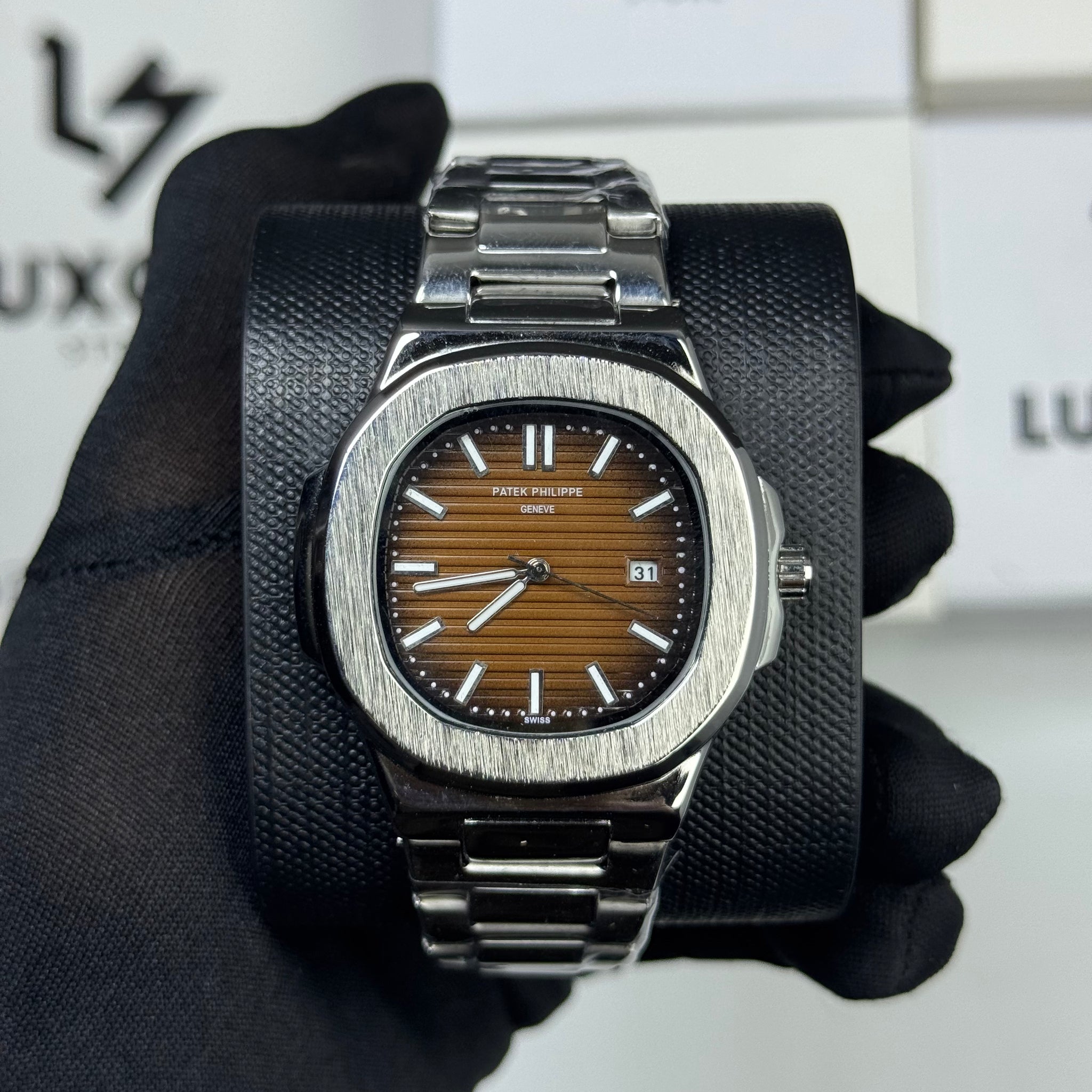 Patek Philippe Brown Dail With Silver Stainless Steel Chain