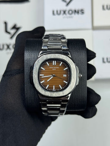 Patek Philippe Brown Dail With Silver Stainless Steel Chain