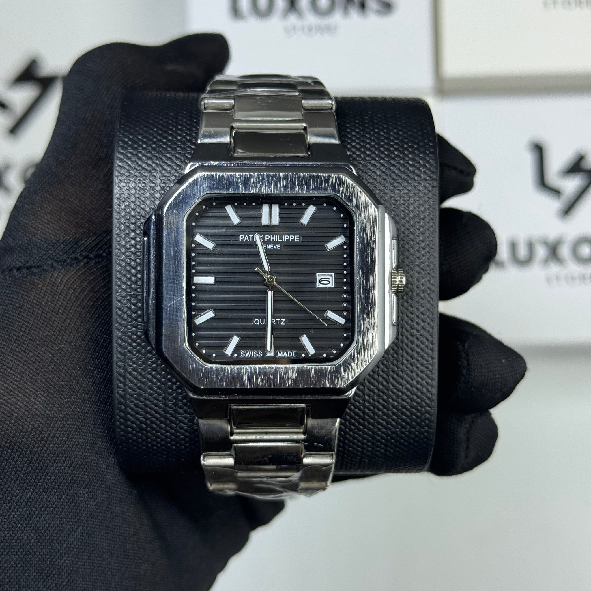 Patek Philippe Square Black Dail With Stainless Steel Chain