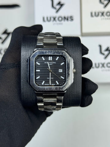Patek Philippe Square Black Dail With Stainless Steel Chain