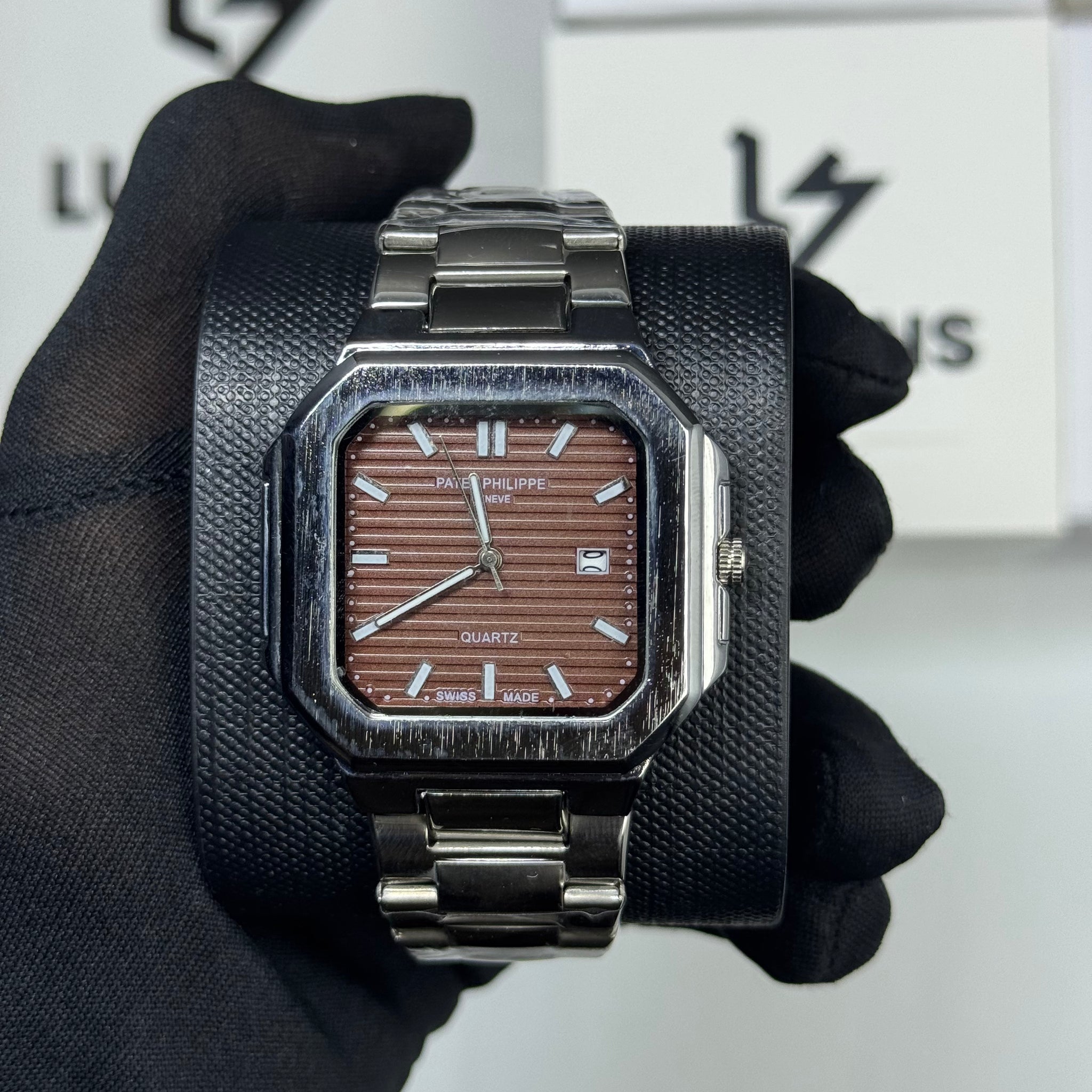 Patek Philippe Brown Square Dail With Stainless Steel Chain