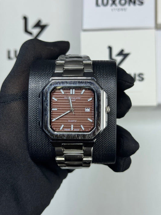 Patek Philippe Brown Square Dail With Stainless Steel Chain